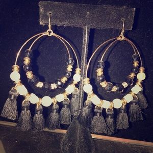 Black, white and gold tassel earrings